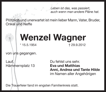 Traueranzeige von Wenzel Wagner von Pegnitz-Zeitung